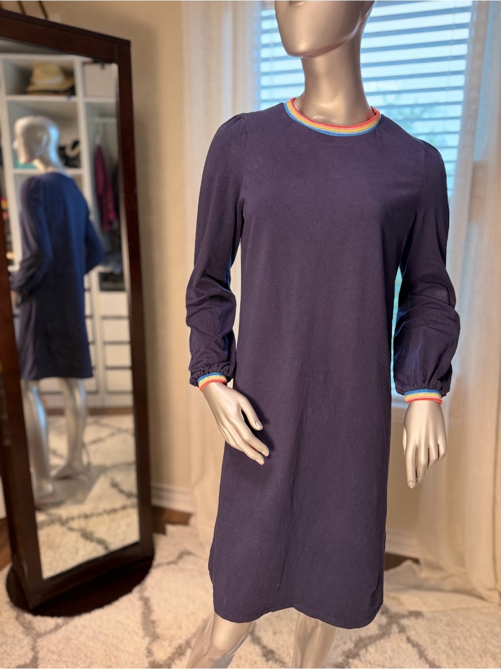 Boden Navy Jersey Cotton Blend Swing Dress with Rainbow Metallic Trim Size 4L